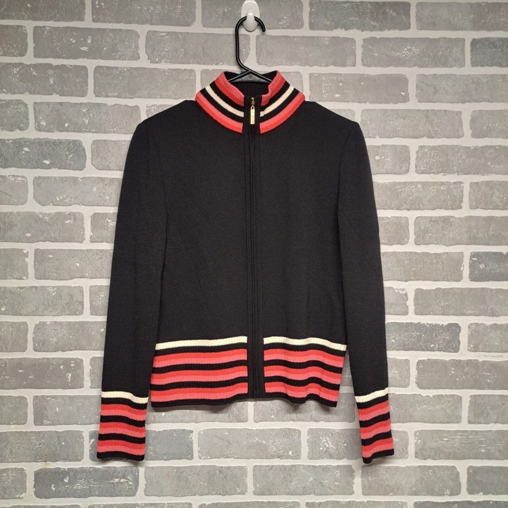 ST.John Womens Full Zip Sweater Black Pink Striped Mock Neck Knit Size P - Picture 4 of 9